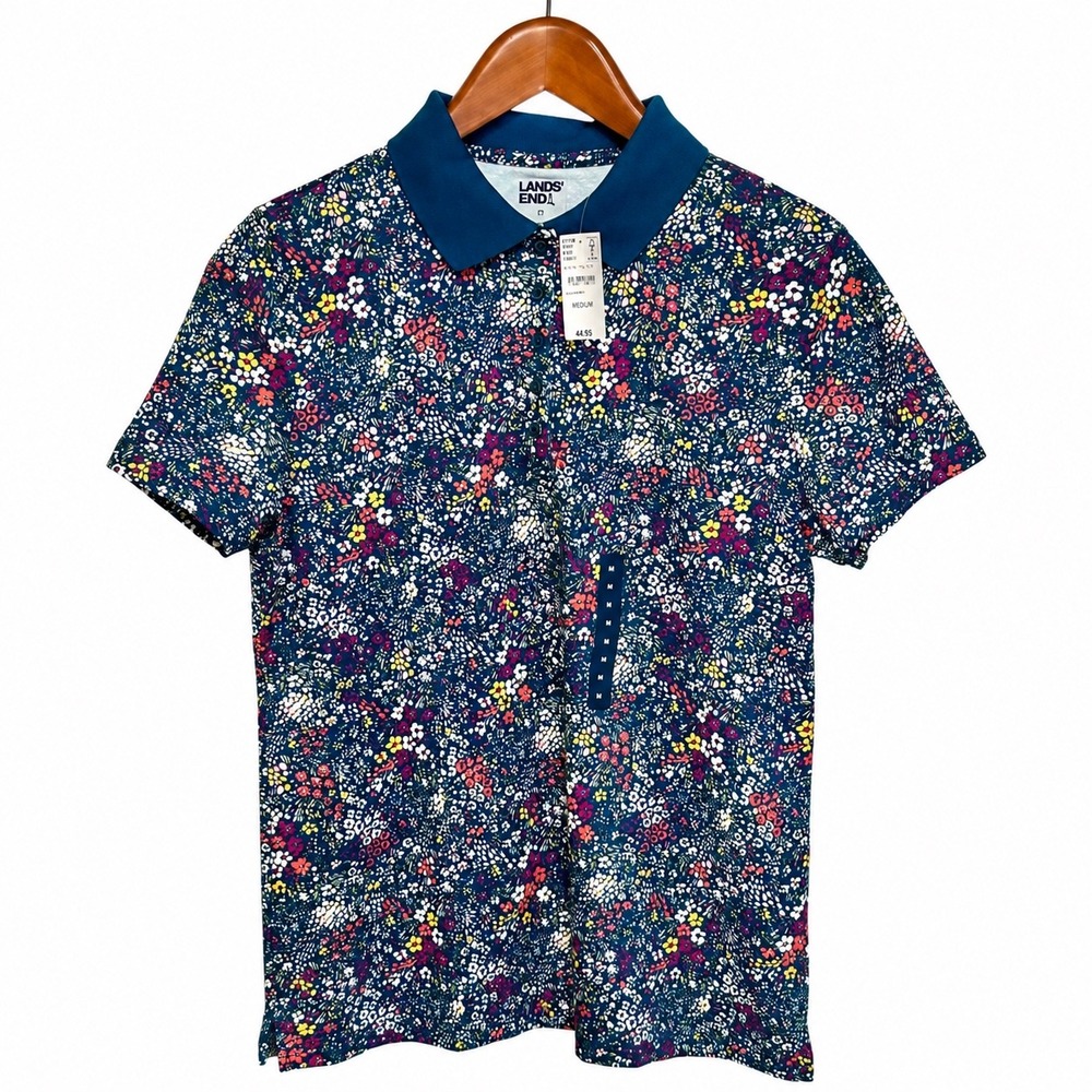 Lands End Women Baltic Teal Ditsy Floral Supima Cotton Polo Shirt Medium 508020